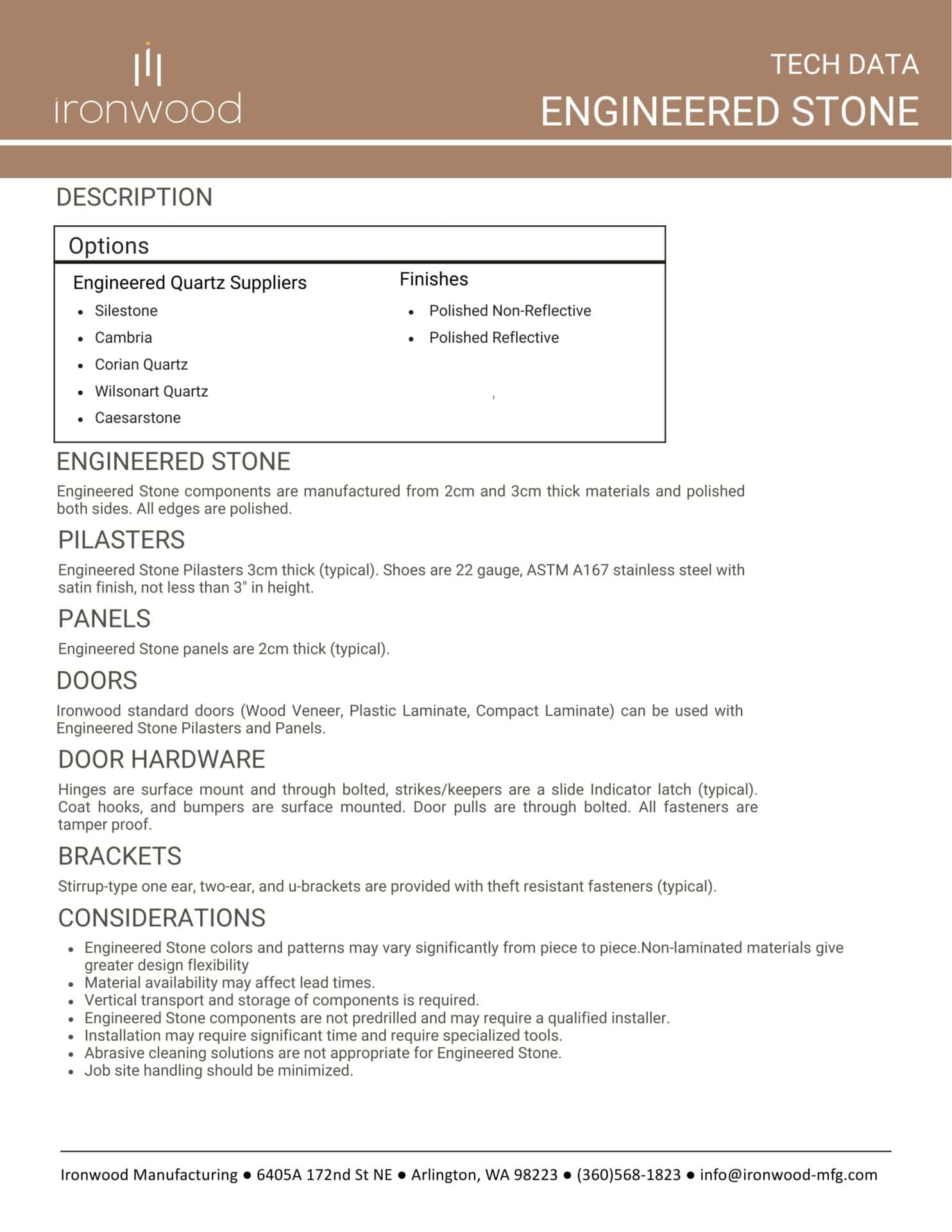 Technical data sheet from Ironwood Manufacturing showcasing engineered stone options for toilet partitions, including colors, patterns, and finishes.