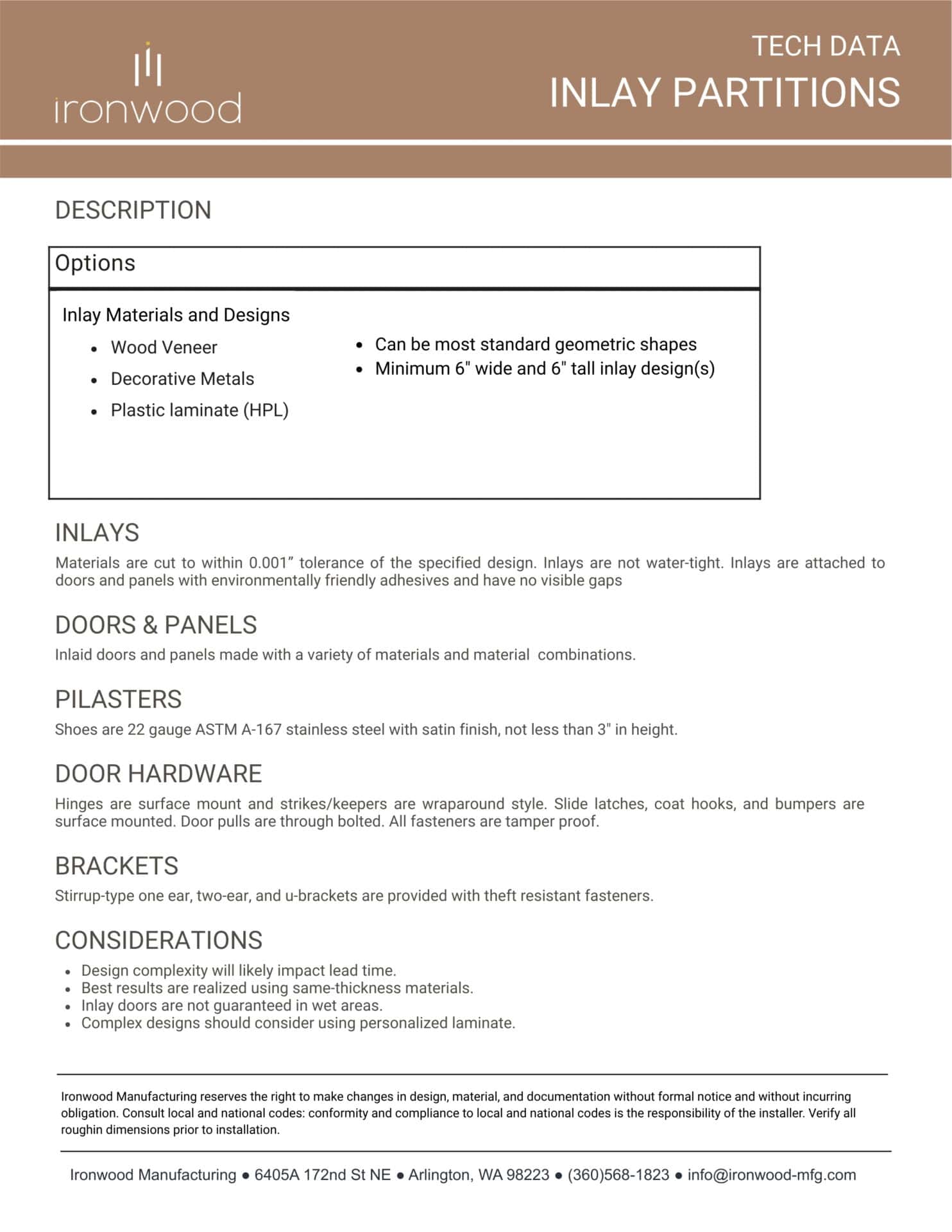 Technical data sheet from Ironwood Manufacturing detailing inlay partition options for custom designs, allowing for personalized aesthetics.