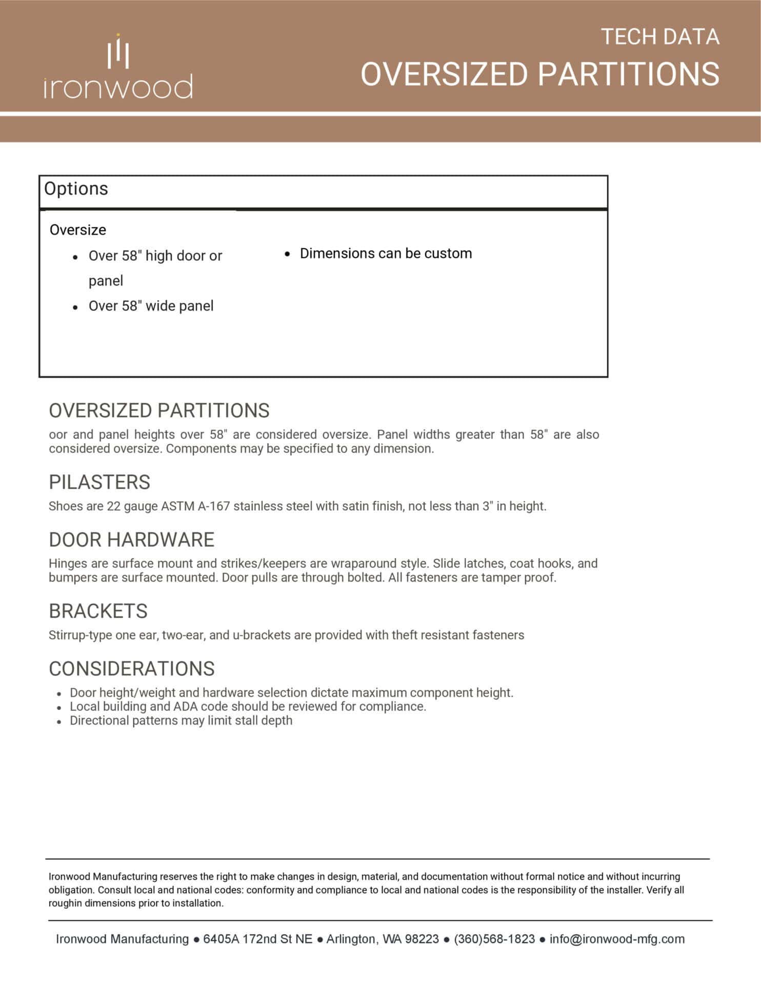 Technical data sheet from Ironwood Manufacturing detailing custom sizing and options for oversized toilet partitions, panels, and doors.