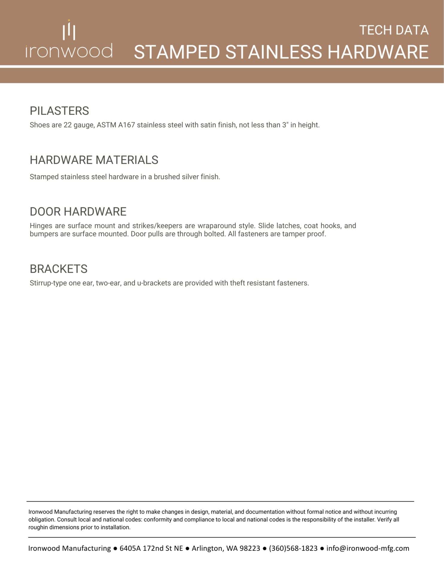 Technical data sheet from Ironwood Manufacturing detailing stamped stainless steel hardware options for toilet partitions, including pilasters, door hardware, and theft-resistant brackets.
