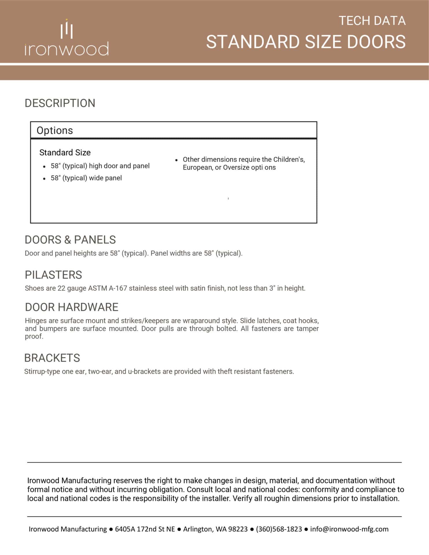 Technical data sheet from Ironwood Manufacturing outlining standard sizing for toilet partitions, including dimensions for doors and panels.
