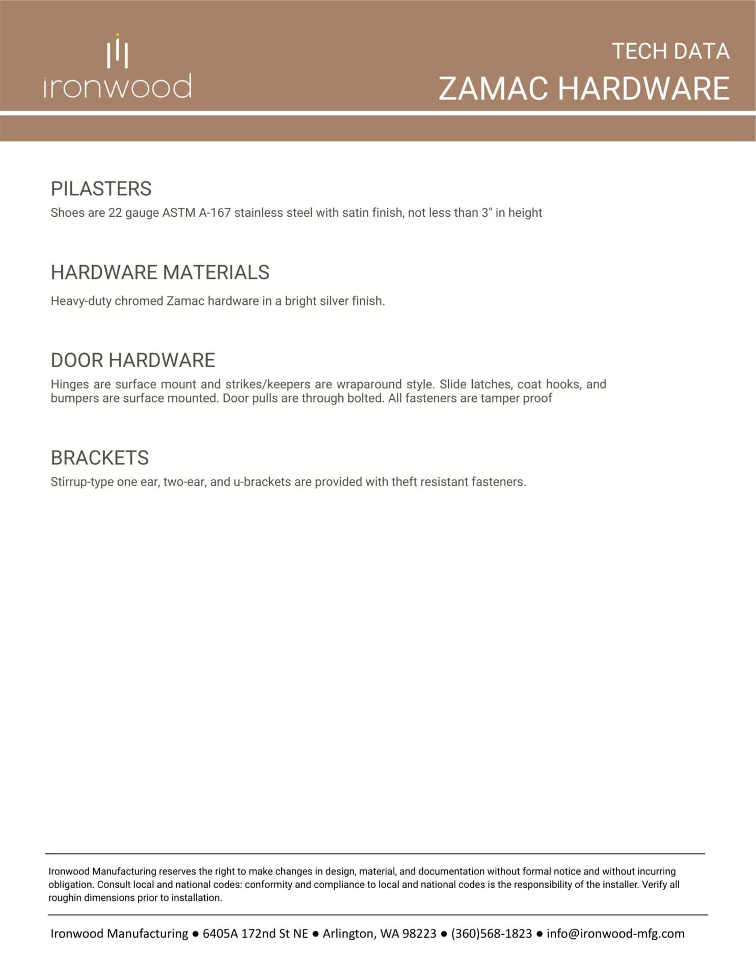 Technical data sheet from Ironwood Manufacturing detailing Zamac hardware options for toilet partitions, including pilasters, door hardware, and theft-resistant brackets.