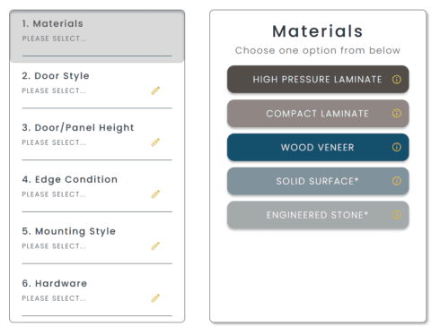 Menu showcasing five customizable options with dropdowns: materials, door style, door/panel height, edge condition, mounting style, and hardware. Perfect for maintaining design intent in toilet partitions, material choices are available in a separate list.
