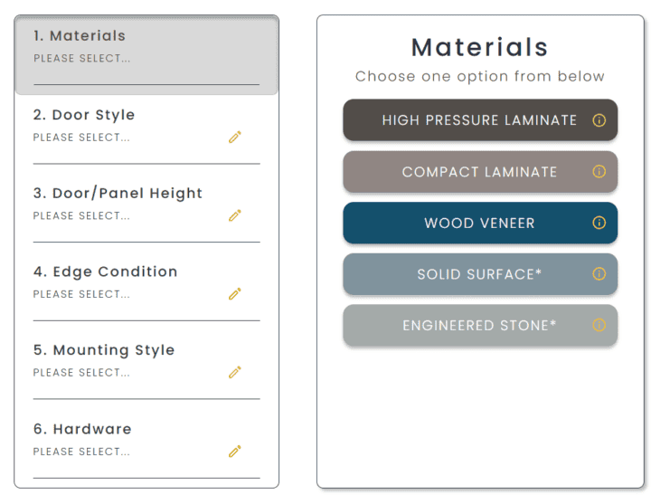Menu showcasing five customizable options with dropdowns: materials, door style, door/panel height, edge condition, mounting style, and hardware. Perfect for maintaining design intent in toilet partitions, material choices are available in a separate list.