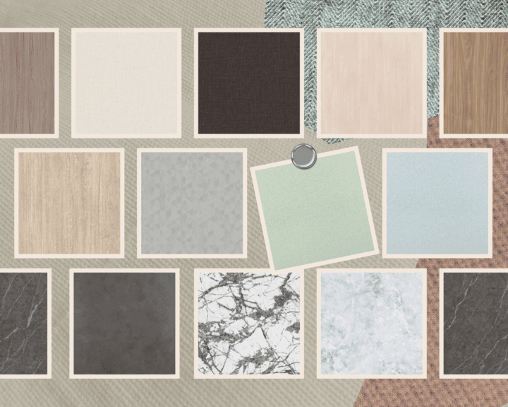 A collection of fifteen square material samples, reflecting 2025 laminate trends, showcases wood, fabric, stone, and tile textures arranged in a grid—ideal inspiration for commercial bathroom partition designs.