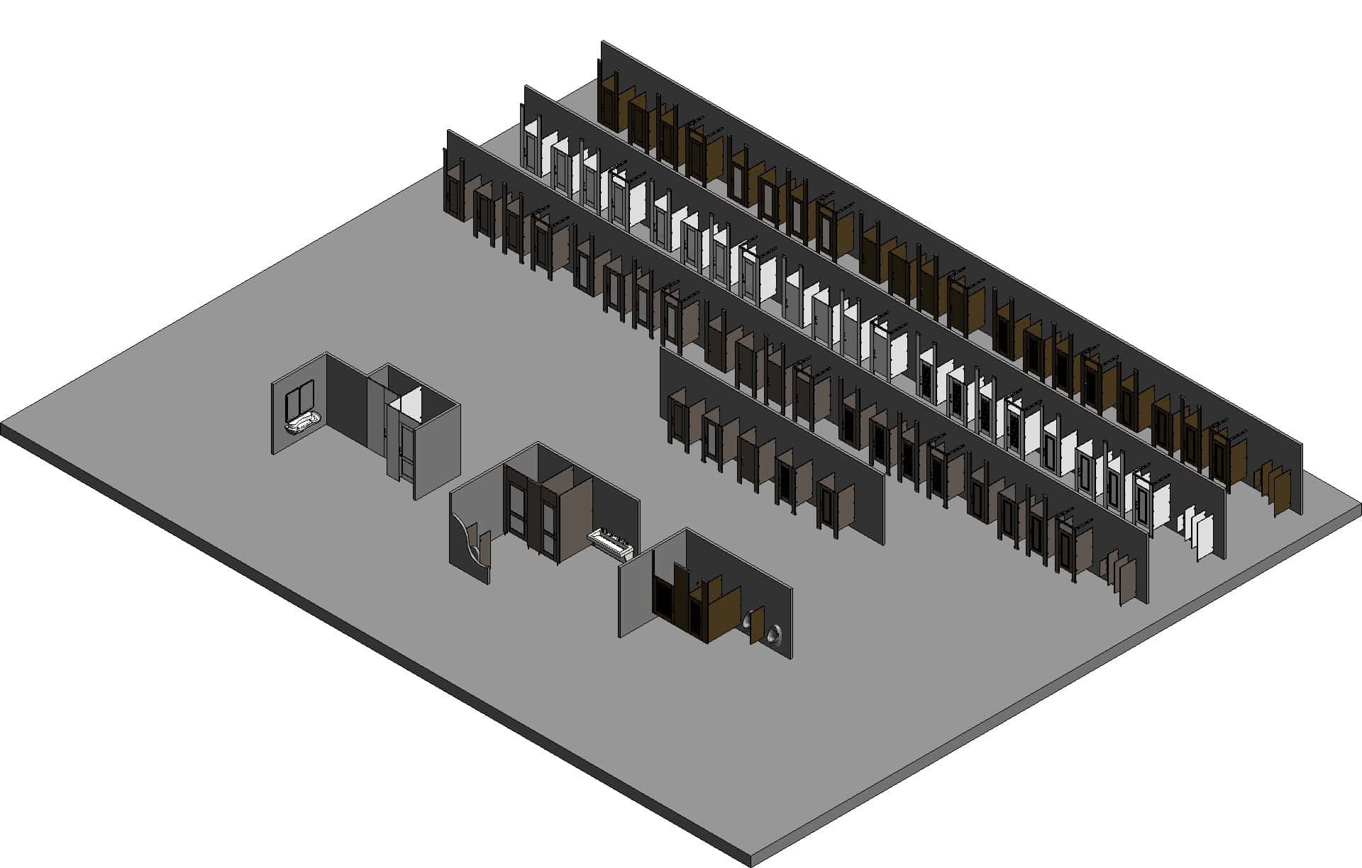Isometric view of a room layout with multiple rows of cabinets, shelving units, and partitioned sections on a grey floor.