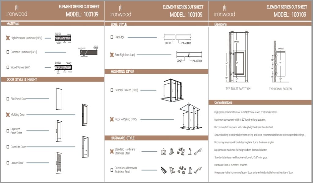 A tech data sheet displaying the various Materials, heights, mounting styles, hardware and considerations for specifying Ironwoods element series restroom partitions.