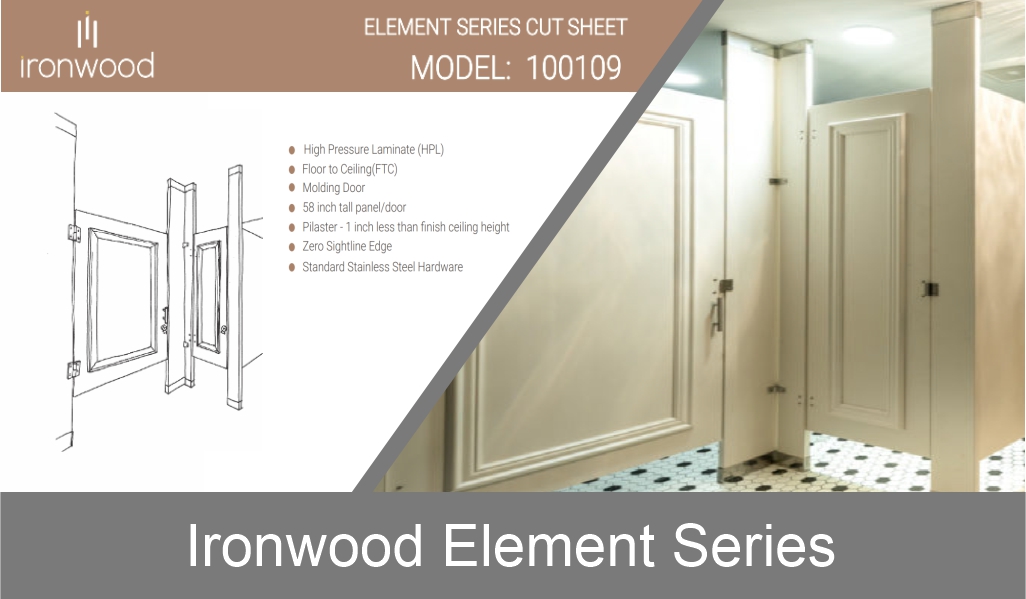 A diagram illustrating an Ironwood element series Restroom Partition cutsheet and finished product.